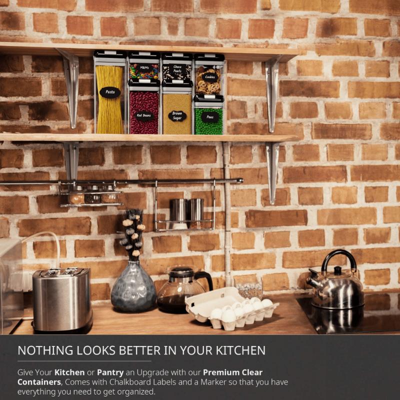 Sada vzduchotěsných nádob na skladování potravin – 7 PC set – Štítky – Nádoby pro uspořádání kuchyně a spíže – Bez BPA – Průhledné plastové kanystry na mouku