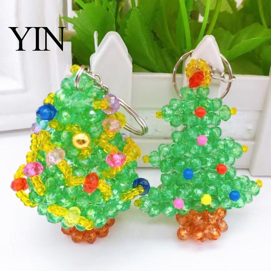 Seasonal Festive Craft Supplies Christmas Tree Keychain, Faux Crystal Beaded Xmas Pendant, Personalized Holiday Party Decor 3D Key Ring Charm