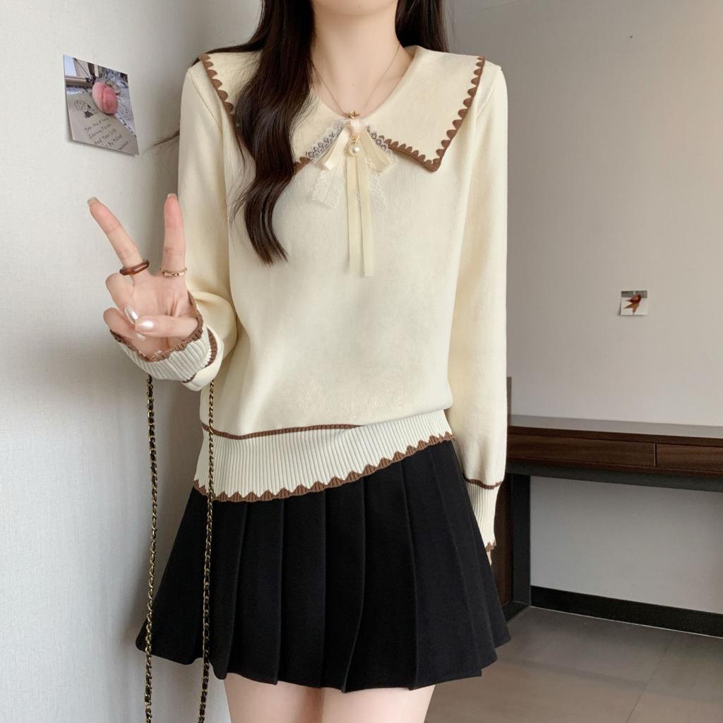 Age-Reducing Bow Doll Collar Long-Sleeved Sweater Women'S Cute Autumn And Winter Mm Temperament Thin Knitted Sweater