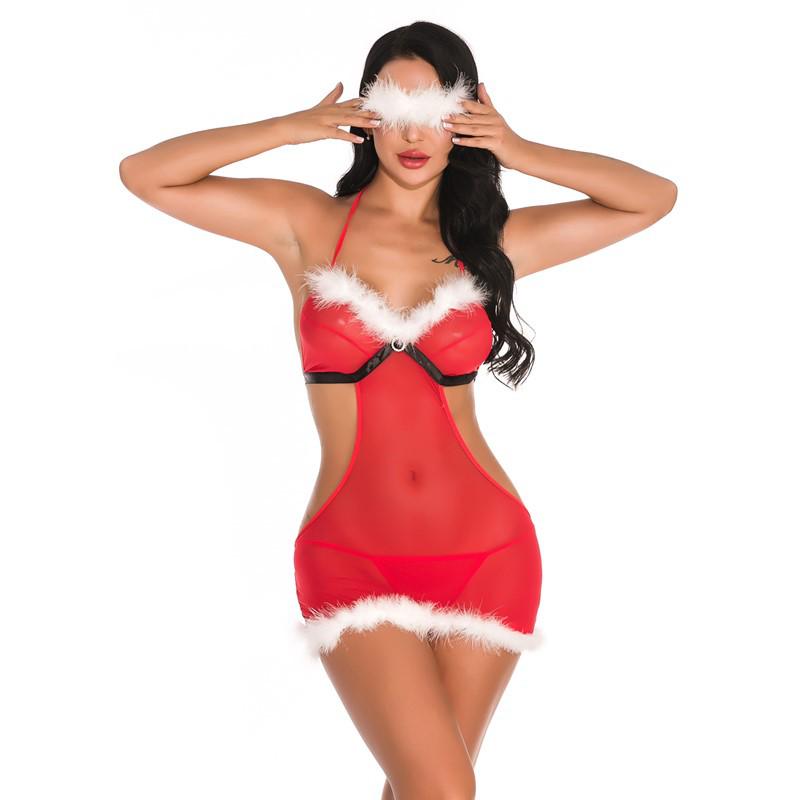 European & American Sexy Red Christmas Lingerie Lace Pajama Set - Deep V Stage Costume