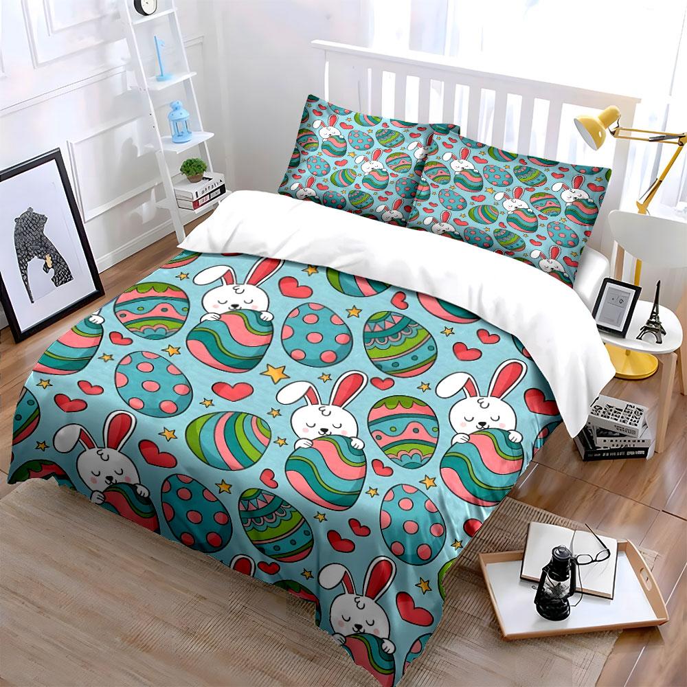 Easter Bunny and Egg Pattern Set Exquisite Three-piece Bedding Set Gift for Kids and Adults
