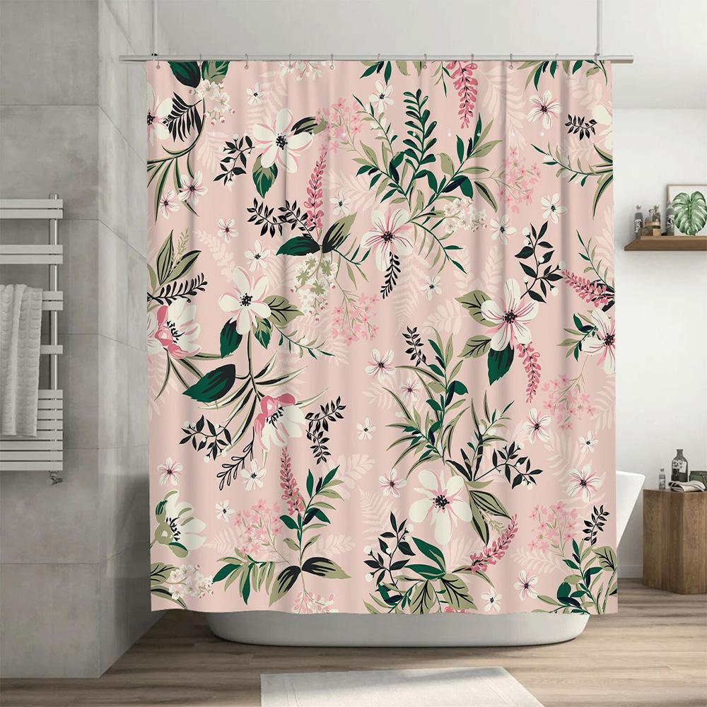 Vintage Bohème Blumenduschvorhang Rosa Grün Weiß Schwarz Wasserdicht Polyester Dekorative Badezimmeraccessoires 180X245Cm (6 Fuß