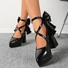 Fashion Vintage Black Chunky Heel Mary Jane Shoes Women Pointed Toe Platform High Heel Pumps Woman Satin Bowknot Ankle Strap Dress Shoes