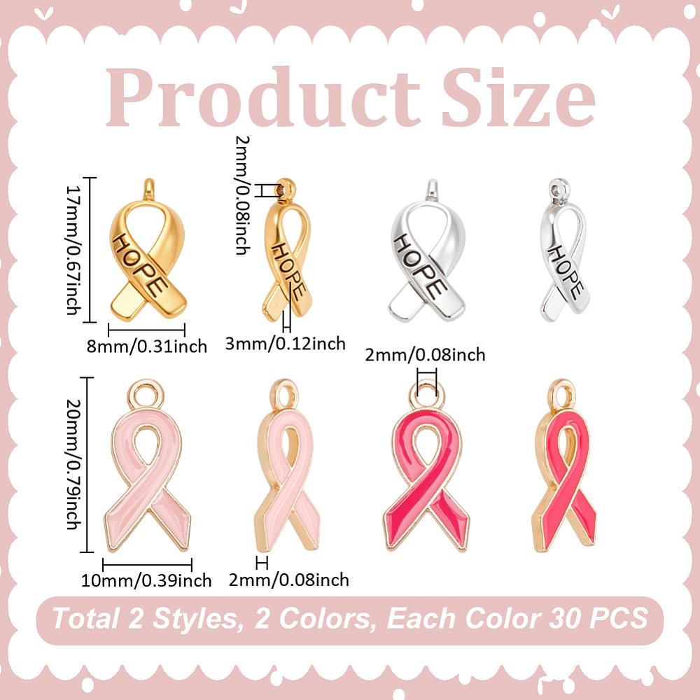 120Pcs 4 Styles Breast Cancer Awareness Ribbon Carved Word Hope Tibetan Style Alloy Message Pendants with Enamel Mixed Color 17~20x8~10x2~3mm