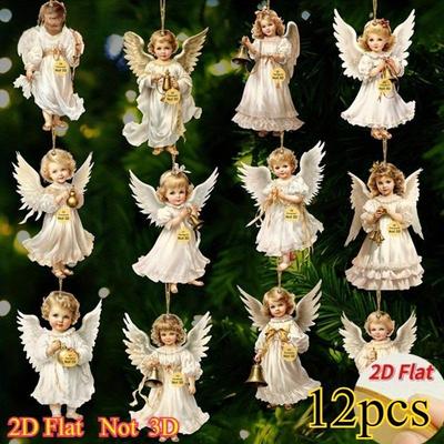 12pcs Vintage Christmas Angel Wooden Pendants, Artificial Wood Hanging Ornaments, Perfect for Home & Outdoor Holiday Decor
