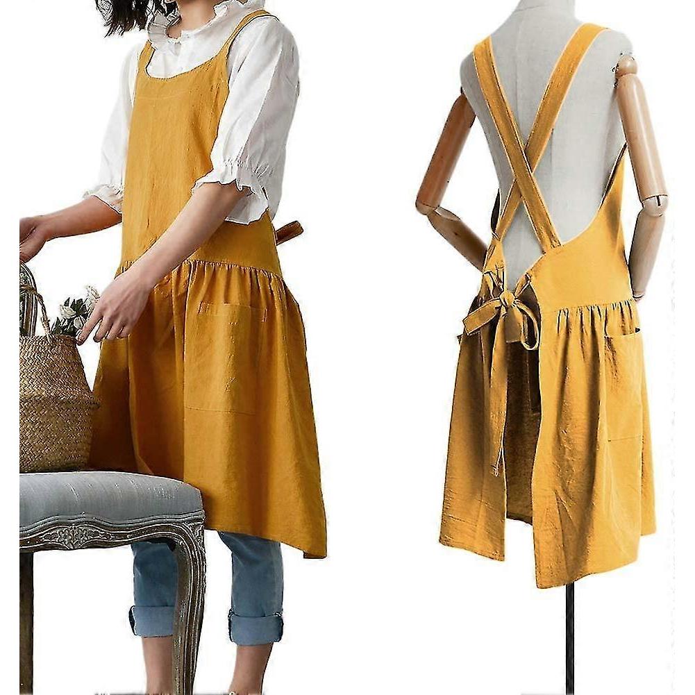 Cotton Linen Cross Back Apron For Women With Pockets For Painting Gardening