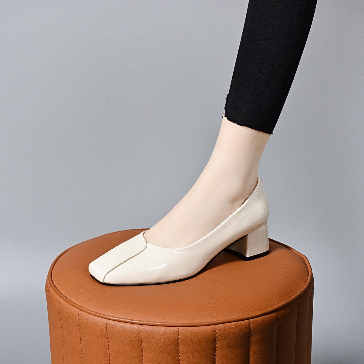 

Женские туфли на высоком каблуке с квадратным носком, весна, новые, простые, с темпераментом, на толстом каблуке, с открытым верхом, одинарные туфли, рабочая обувь, обувь на четыре сезона 40 бежевый