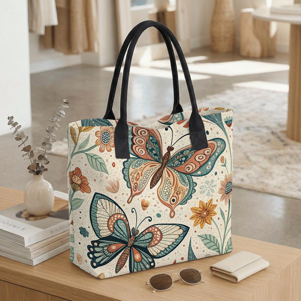  Boho Butterfly Floral Printed Canvas Tote Bag Casual Large Capacity Shoulder Handbag for Daily Use