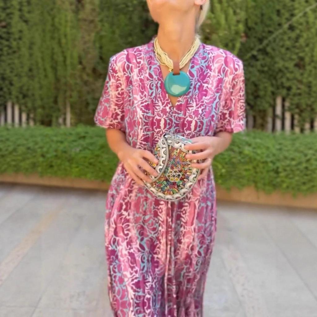 Summer Loose Waist Short Sleeve Mid-Length V-Neck Dress with European & American Ethnic Print