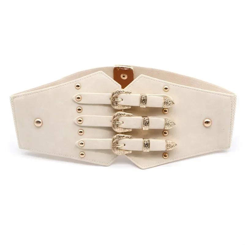 Fashion Women Wide Belt New Metal Buckle Elastic Waistband Leather Rivet Ultra Wide Belt for Women Stretch Thick Waist Dress