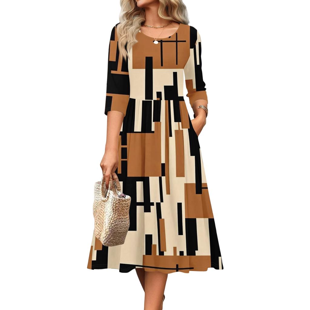 3/4-Ärmel Damenkleid Lässig Fließend A-Linie Midi T-Shirt Kleider mit Taschen Rundhalsausschnitt Urlaub Boho Strand Sommerkleid