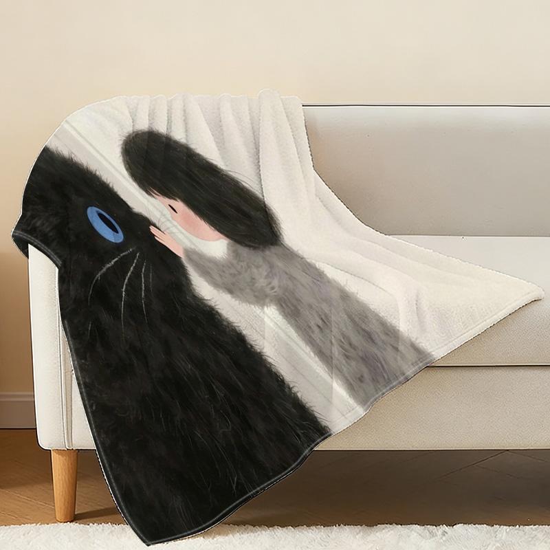 Printed Flannel Blanket - Black Cat Series, Soft & Skin-friendly Warm Throw, Cozy for Home, Bedroom, Movie Night, Halloween & Christmas