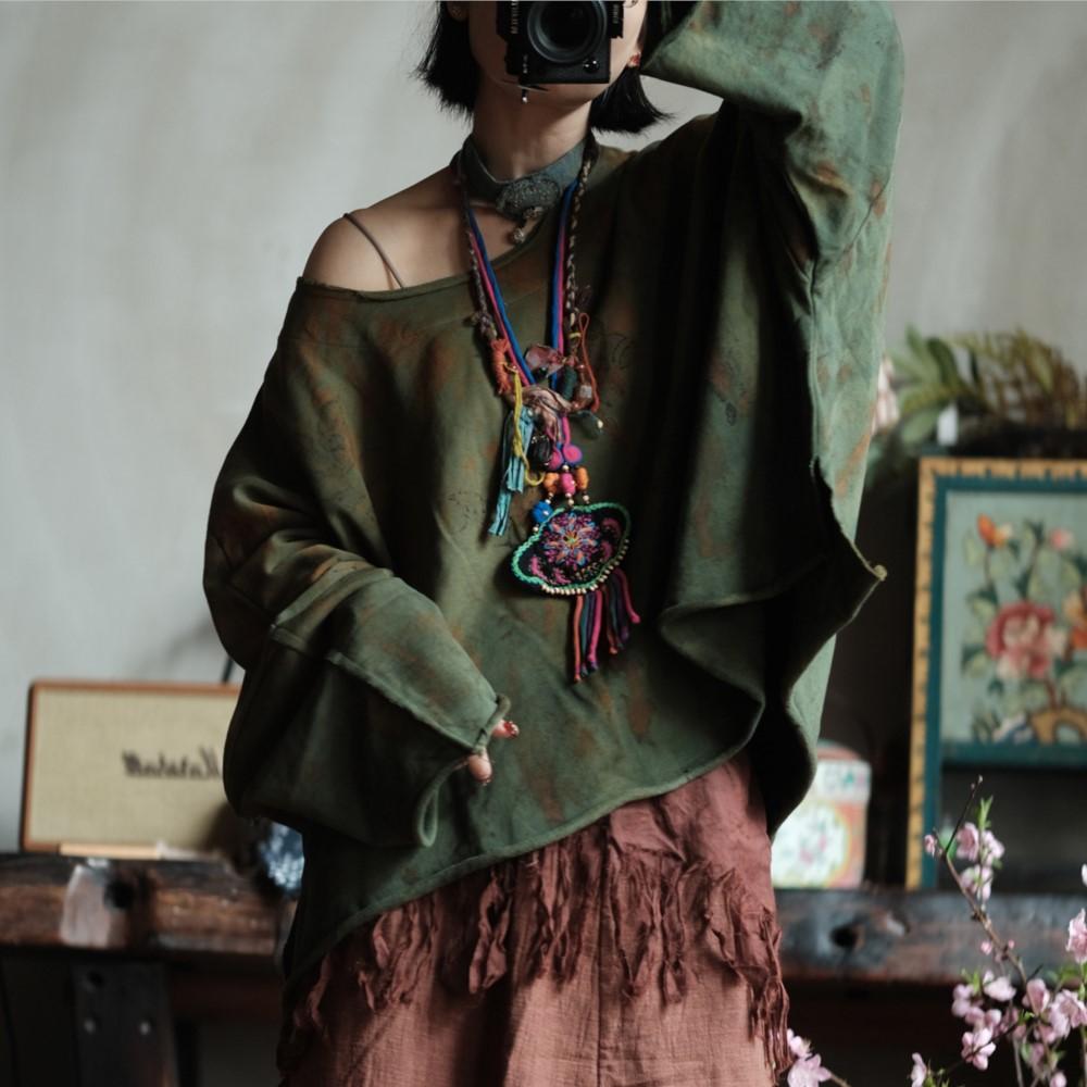 

Johnature Women Vintage Spring Chinese O-Neck Long Sleeve Loose Soft T-Shirts One Size зелёный