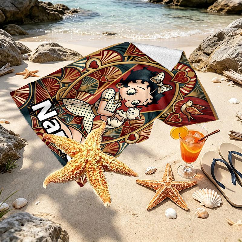 Custom Name Personalized Betty Boop Print Beach Towel, for Trip Camping Beach Party Home Decor, Birthday Gift for Family & Friends