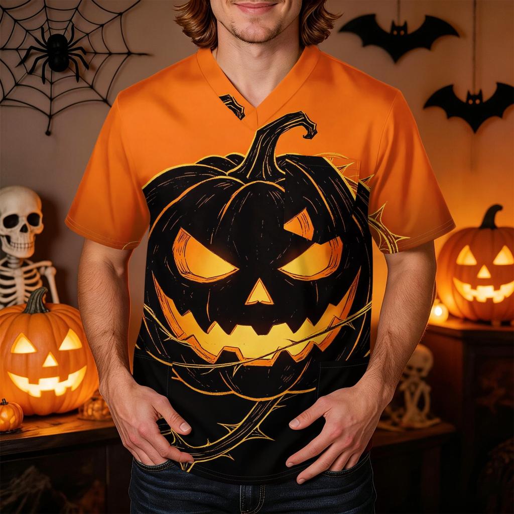 Men's Halloween Print V-Neck Short Sleeve Pocket Scrub Top for Caregiver Uniform