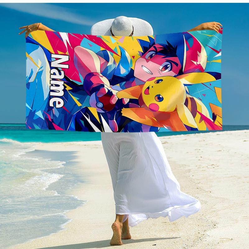 Custom Name Ultra-Soft Beach Towel with Pokémon Theme,Ideal for Pool - Camping, Diving - Perfect Travel Essential, Vibrant Beach Towel.