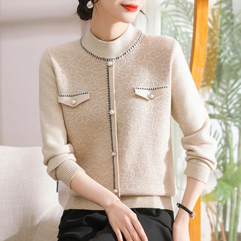 Mid-mother autumn and winter women's sweater jacquard semi-turtleneck pullover fleece thickened knitted bottoming shirt top