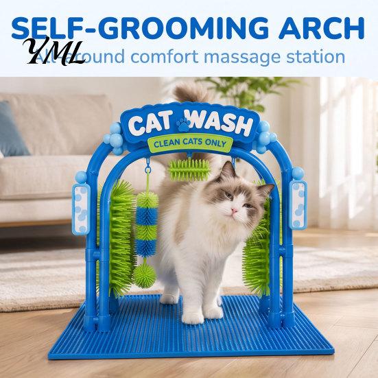 Pet Enrichment Toy Cat Wash Grooming Station, Self Groomer, Arch Car Interactive Design, Soft Rubbing Brushes, Massager Scratcher for Indoor