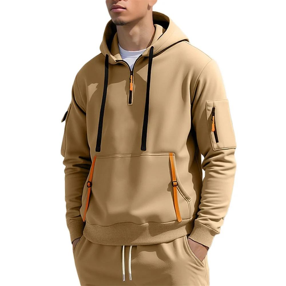 Autumn Men's Sweatshirts Hooded Thin Fleece Lining Windproof Warm Sweatshirt Multi-pocket Ribbon Design Male Sports Pullover