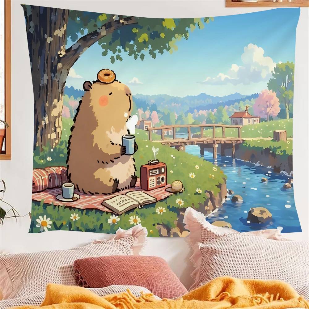 Süße Capybara Cartoon Sommer Wandteppich Kunstdruck Japanischer Wandbehang Anime Wandbehang Heimdekoration