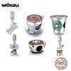 WOSTU Silver Coffee Cup Charm Zircon 925 Sterling Silver Cafe Bead Fit Original Bracelet Bangle DIY Pendant Jewelry For Women