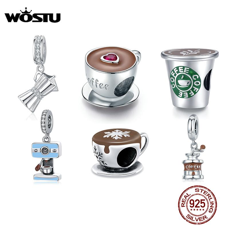 WOSTU Silver Coffee Cup Charm Zircon 925 Sterling Silver Cafe Bead Fit Original Bracelet Bangle DIY Pendant Jewelry For Women