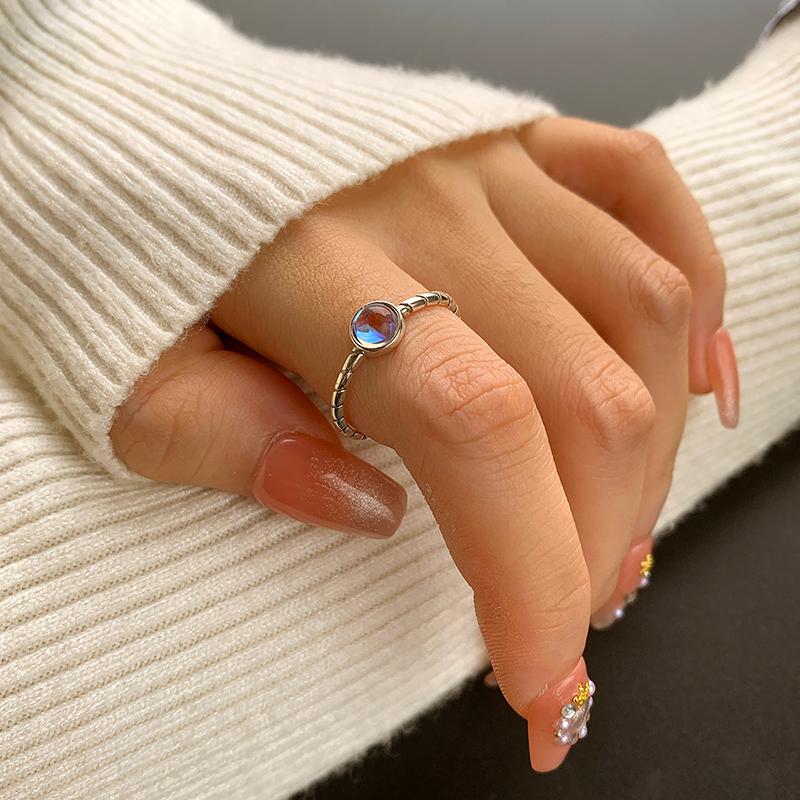 Retro Genuine S925 Sterling Silver Round Moonstone Twist Cross Geometric Open Jewelry Ring for Women