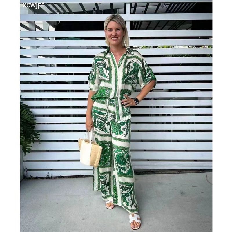 Summer and Autumn Beautiful Summer New Arrival Women's Clothing Fashion Style Lapel Long Sleeves Button Shirt Positioning Printed Pants Suit