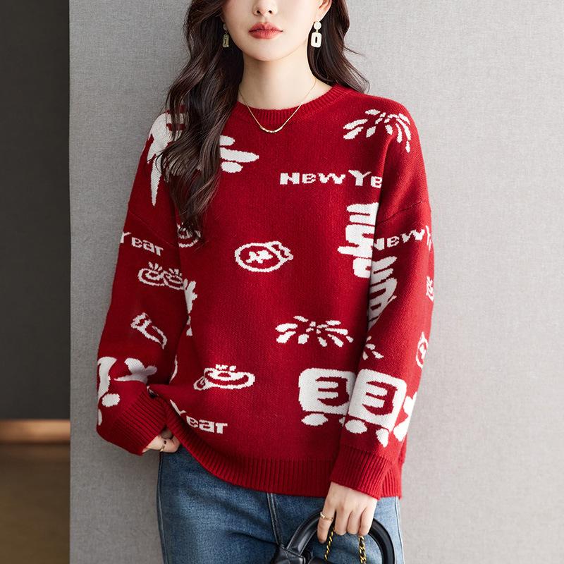 New Year Congratulations on Making A Fortune and Festive Sweater for Women In Winter Large Thick Warm Jacquard Knitted Base Shirt