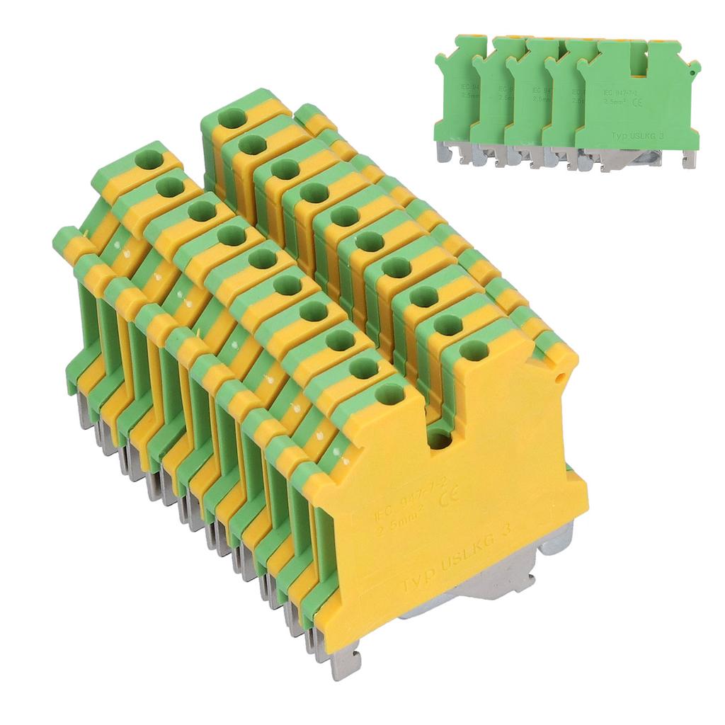 50Pcs Grounding Terminal Pure Copper DIN Rail Mounted Earth Terminal Block Yellow Green TYP USLKG‑3