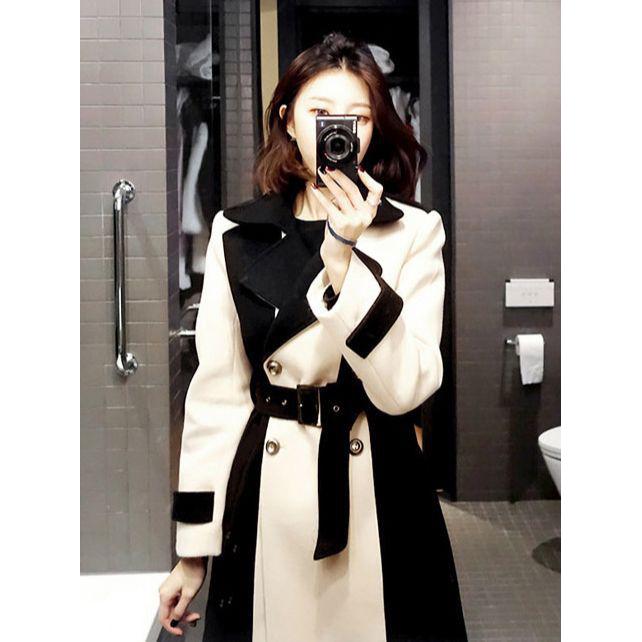 Women Fashion Contrast Color Patchwork Spring Windbreaker Coat Female Windproof Jacket Autumn Korean Mid-length Trench Coat