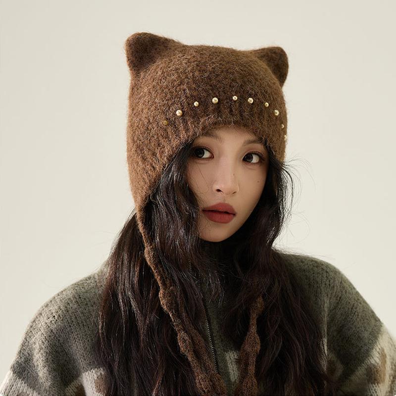 Perlenquasten Bärenohren Strickmütze Damen Winter Ohrenschutz Warme Wollmütze