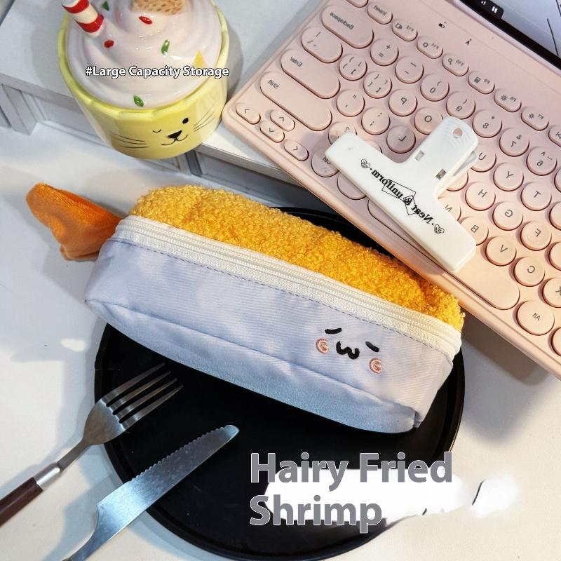 Cute Cartoon Fried Shrimp Plush Pen Bag Kawaii Large Capacity Zipper Soft Pen Case Stationery Storage Bag School Supplies