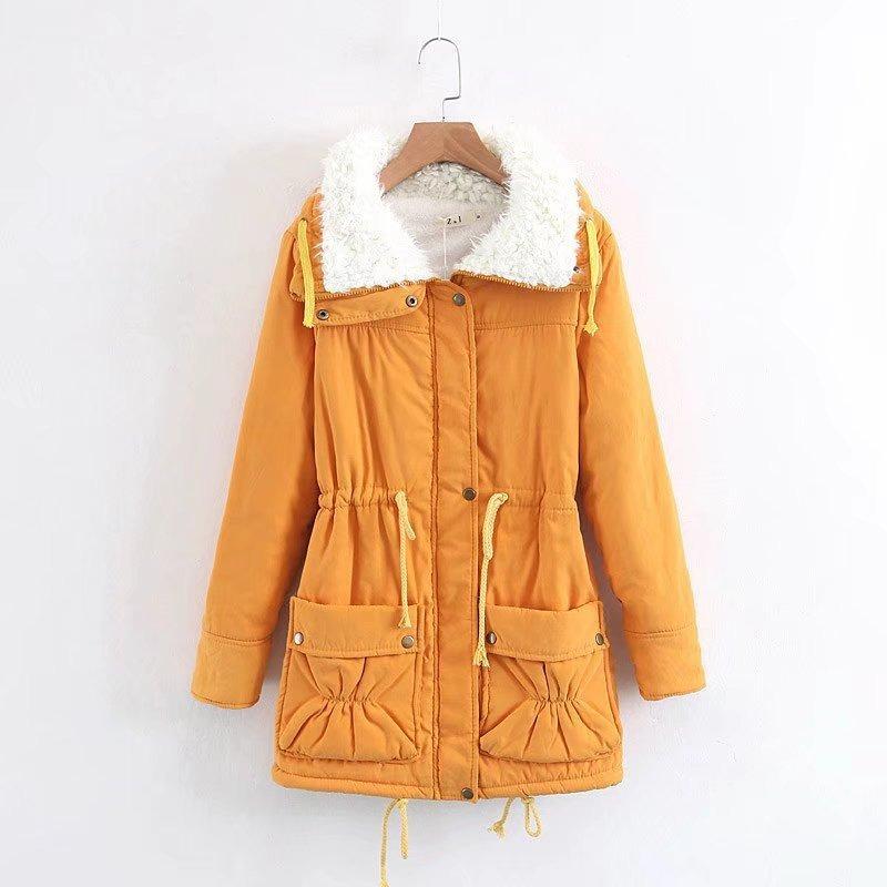 Winter Clothing New Medium and Long Slim Peach Skin Velvet Cotton Coat Drawstring Waist Lamb Wool Warm Coat Women