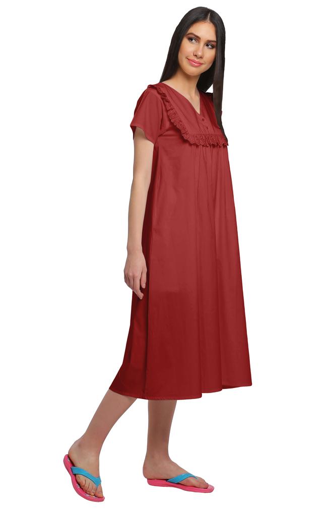 Moomaya Solid Short Sleeve Nightdress For Ladies Button Placket Nightwear