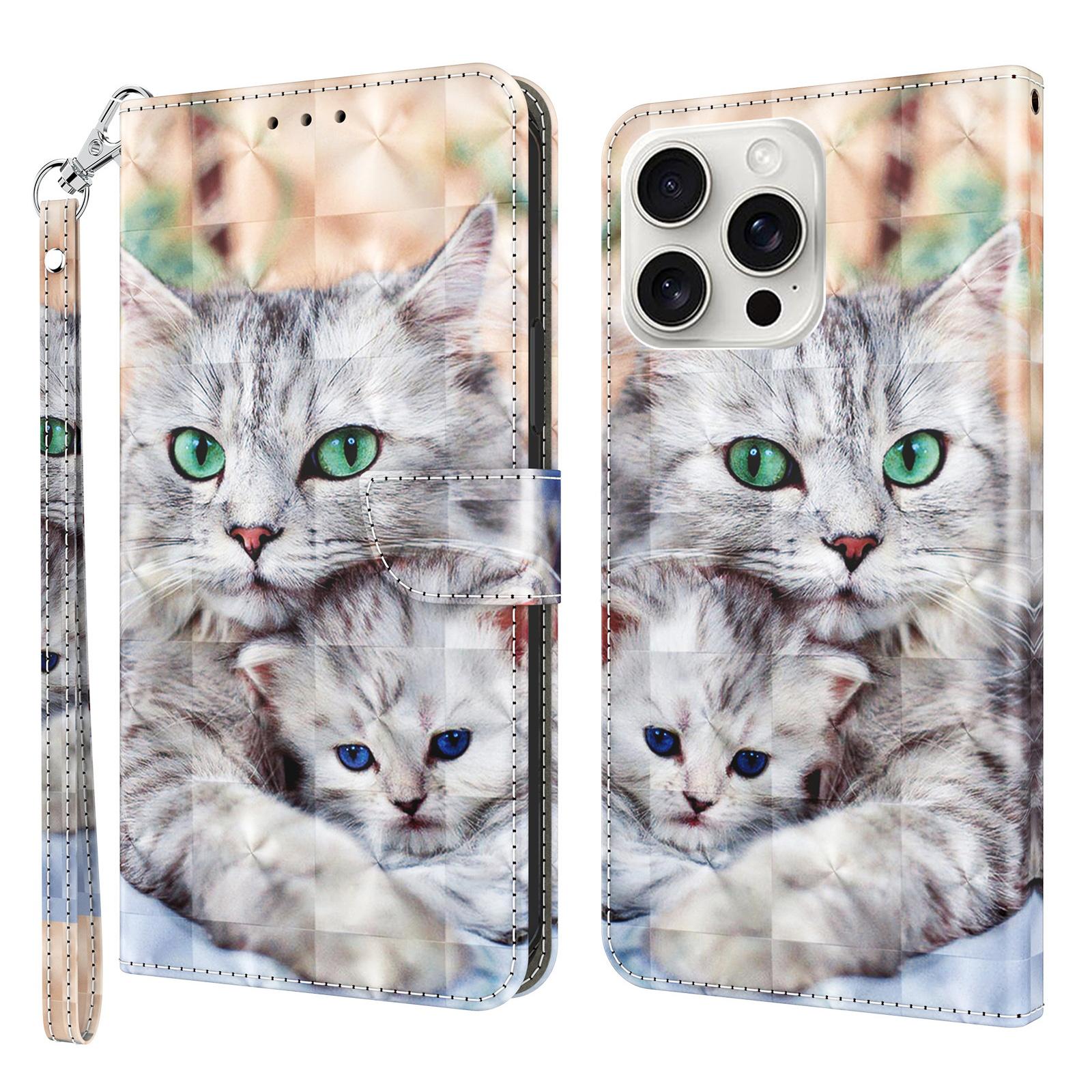 

For iPhone 16 Pro Max Case Stand Pattern Printing Leather Phone Cover Two Cats