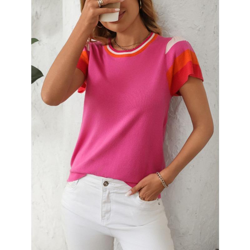 Women's Summer Round Neck Knit Top Clashing Colours Sweet Short Sleeve Sweater