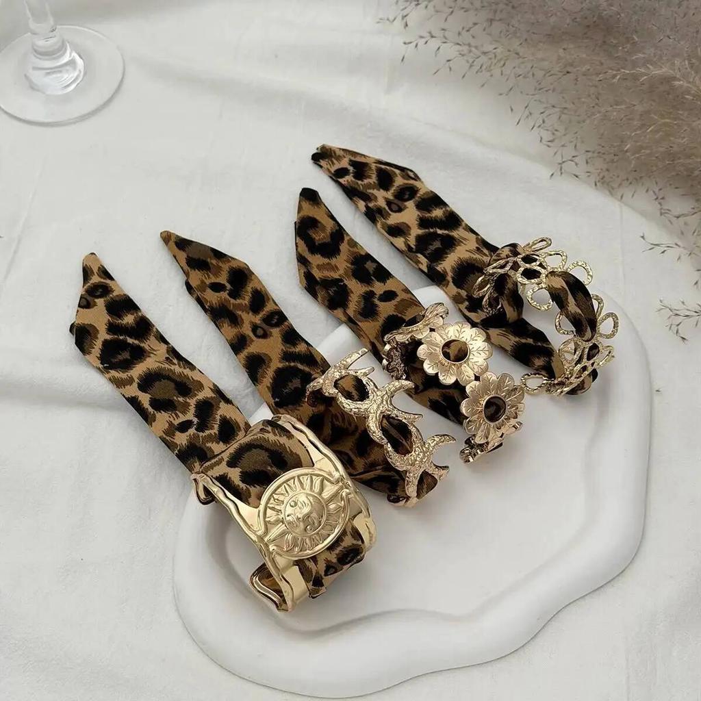 Salircon 7 Style Leopard Print Silk Scarf Cuff Bangle Retro Ethnic Style Polka Dot Ribbon-Wrapped Metal Wide Bracelet Wristband