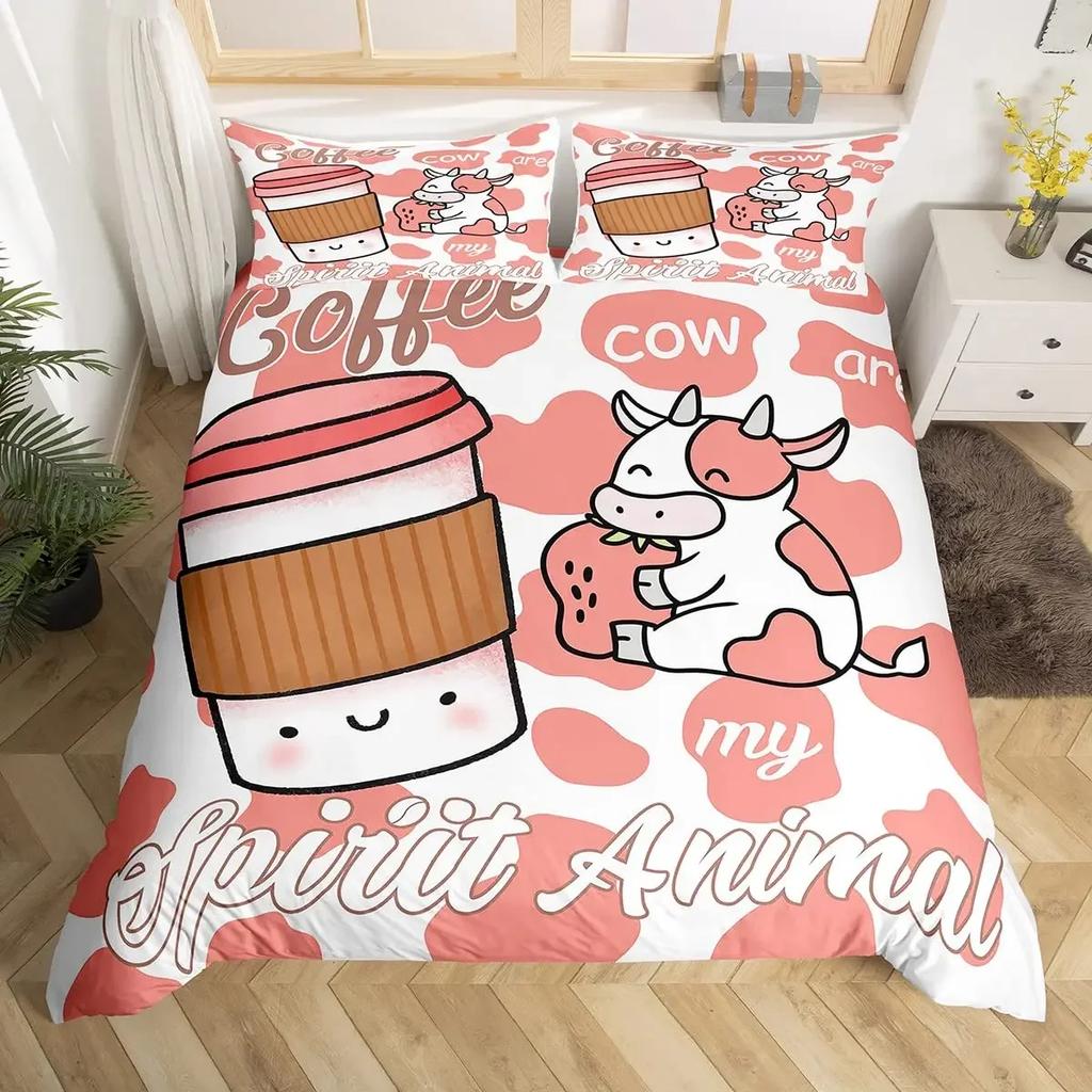Cute Cow Print Kawaii Highland Cow Bedding Set Single Twin Double Queen King Cal King Size Bed Linen Set