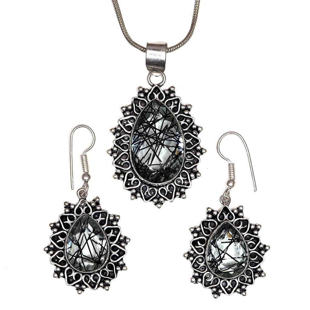 Rutile  Golden Set Earring Jewelry 18-20'' Pendant Quartz Sterling
