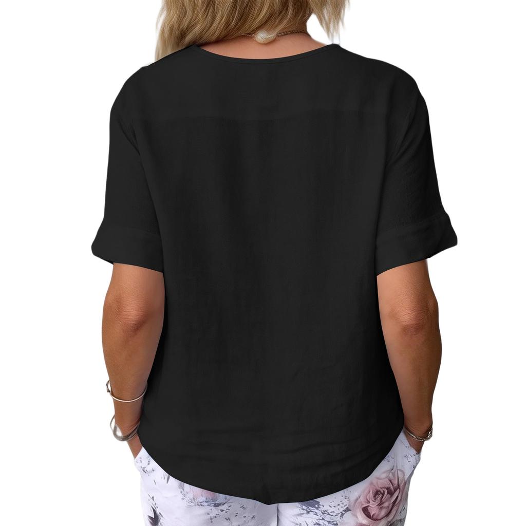 Women's Vintage Loose Fit Cotton Linen Blend Top With Bow Detail And Three Quarter Sleeves