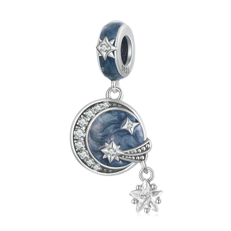 WOSTU 925 Sterling Silver Blue Starry Sky Series Shiny CZ Charms Moon Star Beads Fit Orignal Bracelet DIY Bangle Jewelry Making