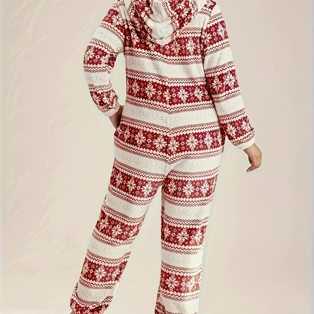 Women's Plus Size Hooded Snowflake Christmas Pajamas - Zippered, Pom-Poms, Thick, and Cozy