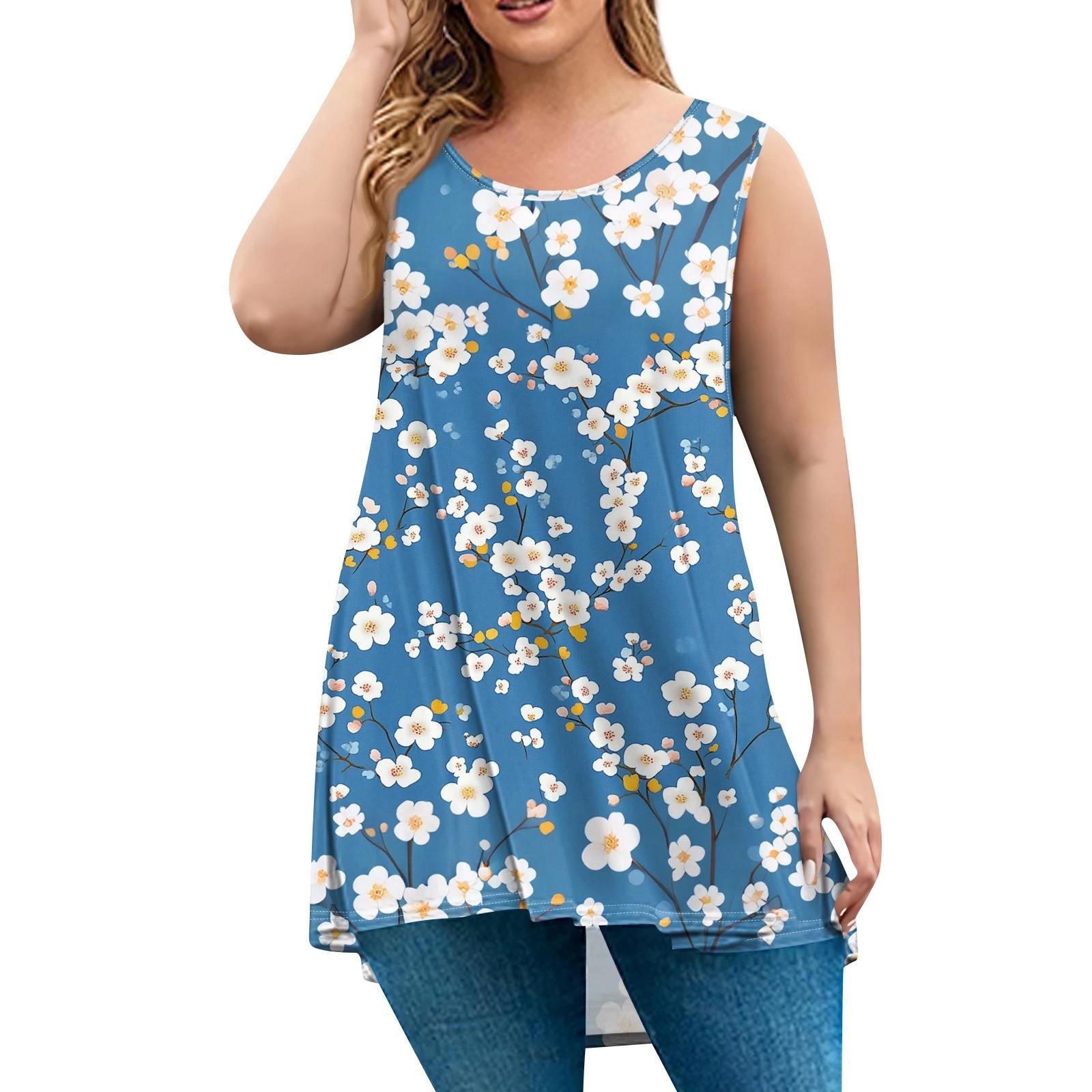 

Женская мода большого размера с круглым вырезом без рукавов повседневный свободный пуловер с принтом XXXXL синий