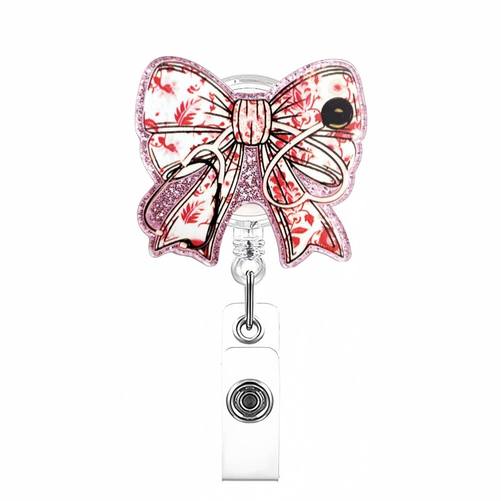 Bow Cherry Acrylic Badge Holder Sparkling Powder Medical Theme Retractable Pull Badge Reel Id Lanyard Name Tag Card Badge Holder