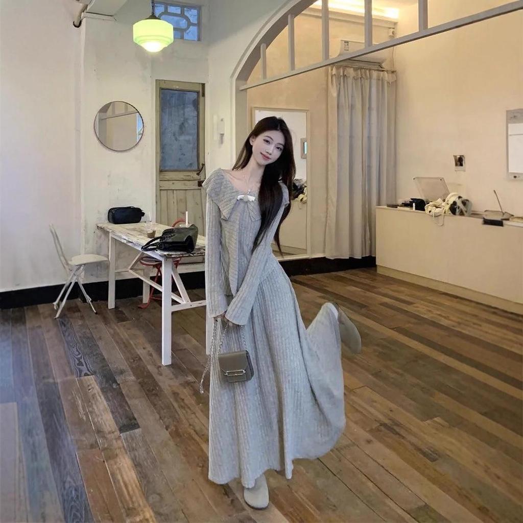 French-Inspired Knit Top & High-Waisted Skirt Set for Women - Slim Fit, Spring/Autumn Collection