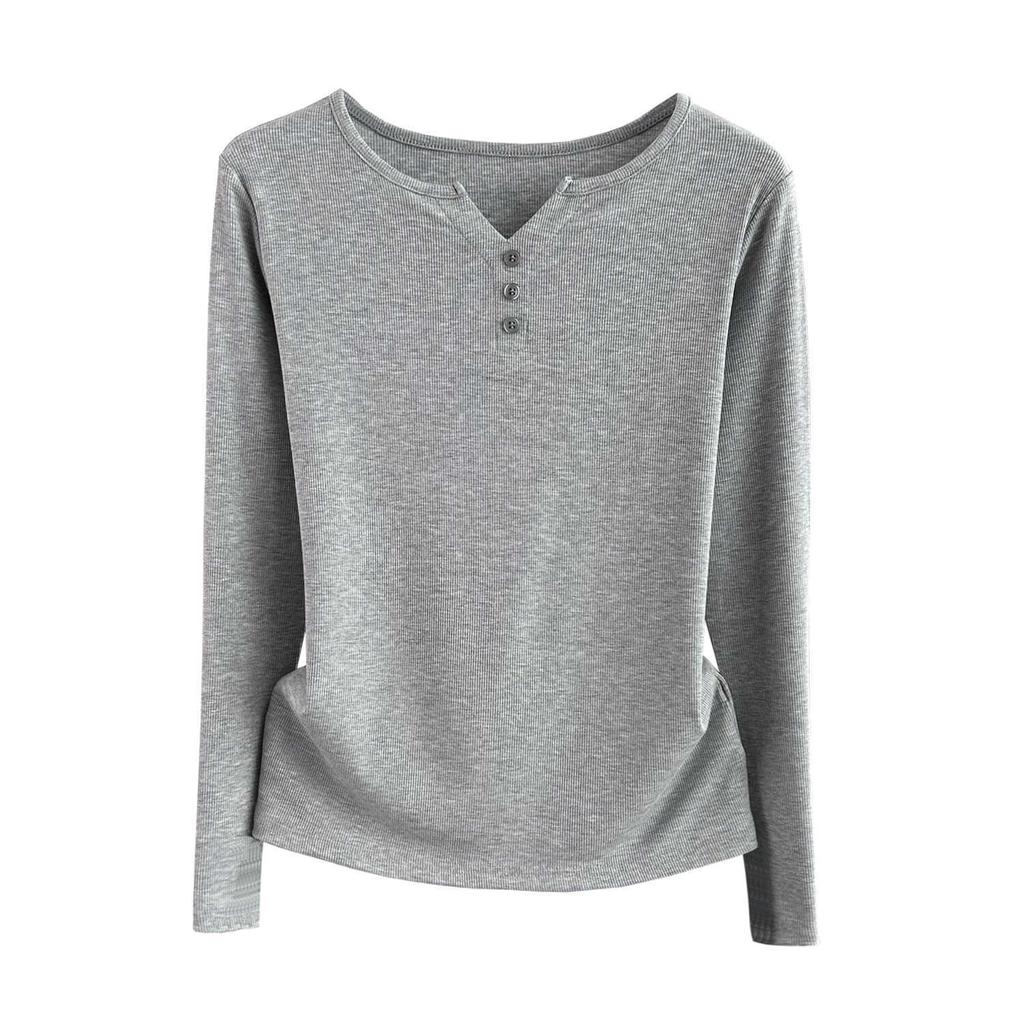 Stylish Long Sleeve T-Shirt Ribbed Slim Standard Shoulder Top For Autumn Stretchy Slim Base Layer Soft Ribbed Fabric Good For Inner And Outer Wear Top
