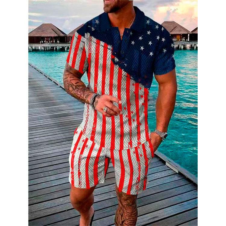 New Men'S Summer Fashion Casual Polo Shirt Collar Casual Set Collar Shorts Set Sports Men'S Solid Color T-Shirt Shorts Running Training Set