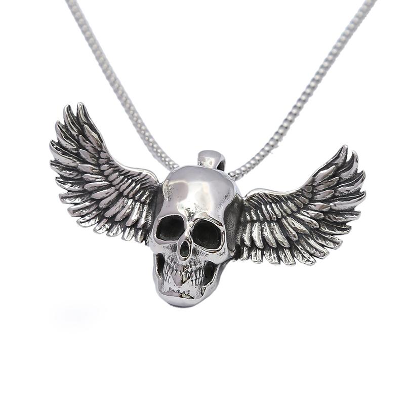 Fallen Angel Skull Pendant Necklace Men's Stainless Steel Gothic Biker Jewelry Adjustable Chain Gift Halloween Party Accessories