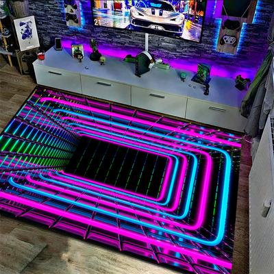 Neon LED 3D Illusion Spiral Grid Tunnel Mat Visual Impact Carpet Rug for Gaming Living Room Home Decoration Bedroom Decor Rug